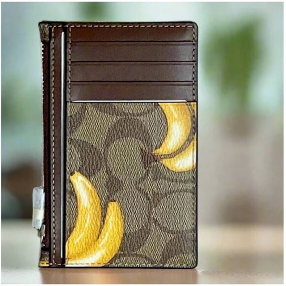 Coach Banana Print Zip Card Case Leather Brown Wallet CR410 Signature Canvas - Picture 1 of 7